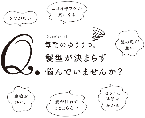 「ツヤがない」「ニオイやフケが気になる」「髪の毛が重い」「寝癖がひどい」「髪がはねてまとまらない」「セットに時間がかかる」毎朝のゆううつ。髪型が決まらず悩んでいませんか？